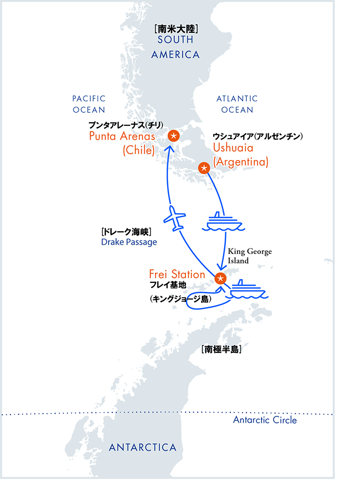 南極フライ&クルーズ(V)サウスシェットランド諸島6・7日間ルートマップ 南極フライ&クルーズ(V)サウスシェットランド諸島6・7日間ルートマップ