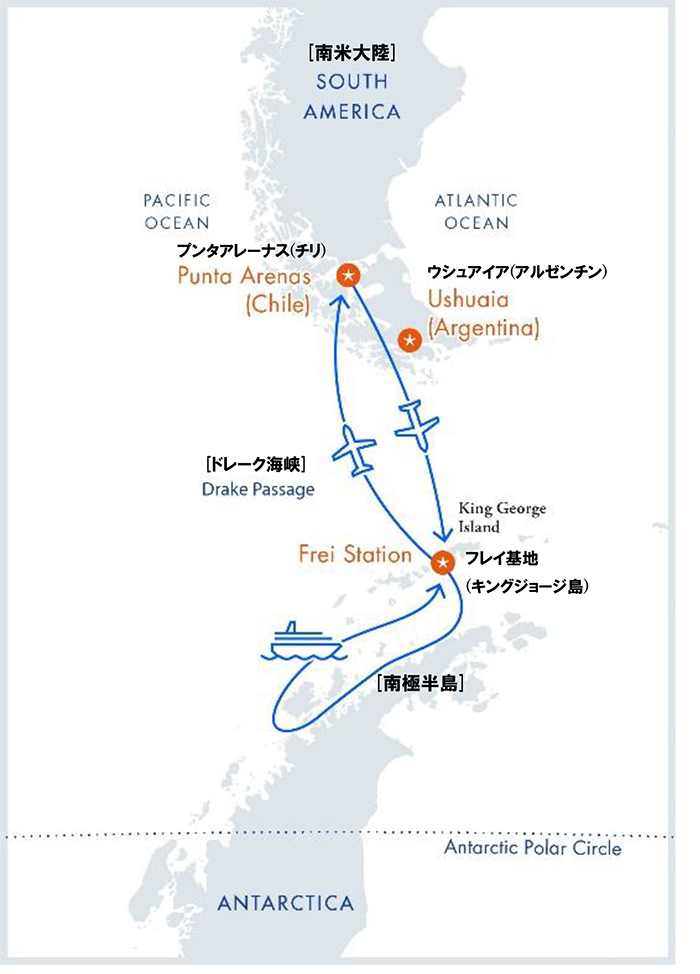 【2023-24年】南極フライ＆クルーズ(�T)：南極半島＆サウスシェットランド諸島8日間ルートマップ