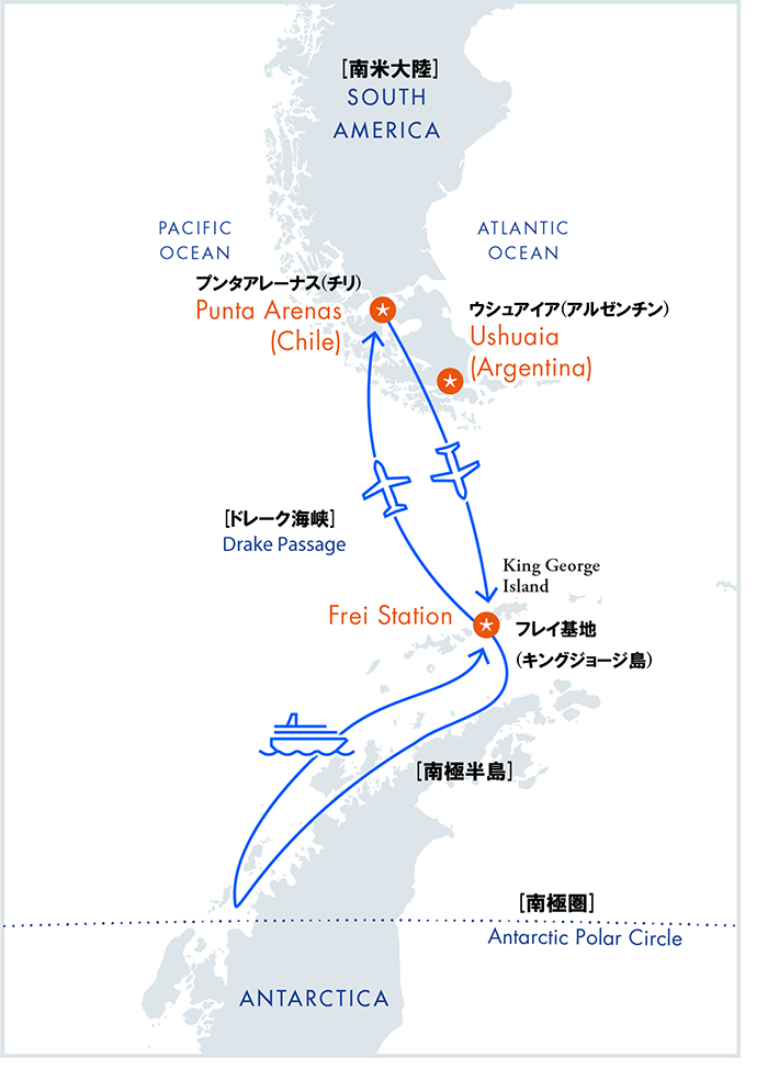 【2023-24年】南極フライ＆クルーズ(�U)：南極圏横断10日間ルートマップ