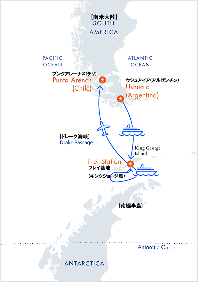 【2023-24年】南極フライ＆クルーズ（�V）サウスシェットランド諸島6・7日間航路図