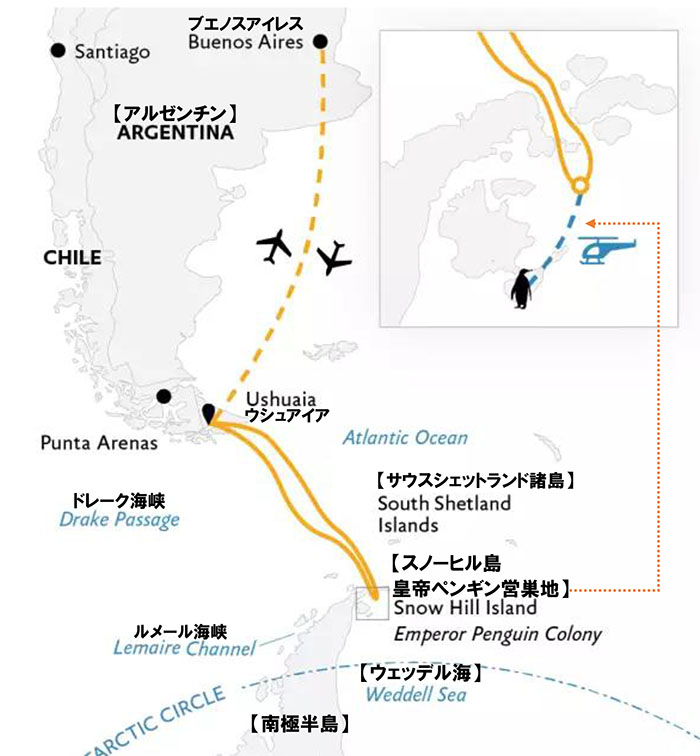 【2023年】南極スノーヒル島・皇帝ペンギン探索クルーズ14日間／ブエノスアイレス発着パッケージ付ルート地図
